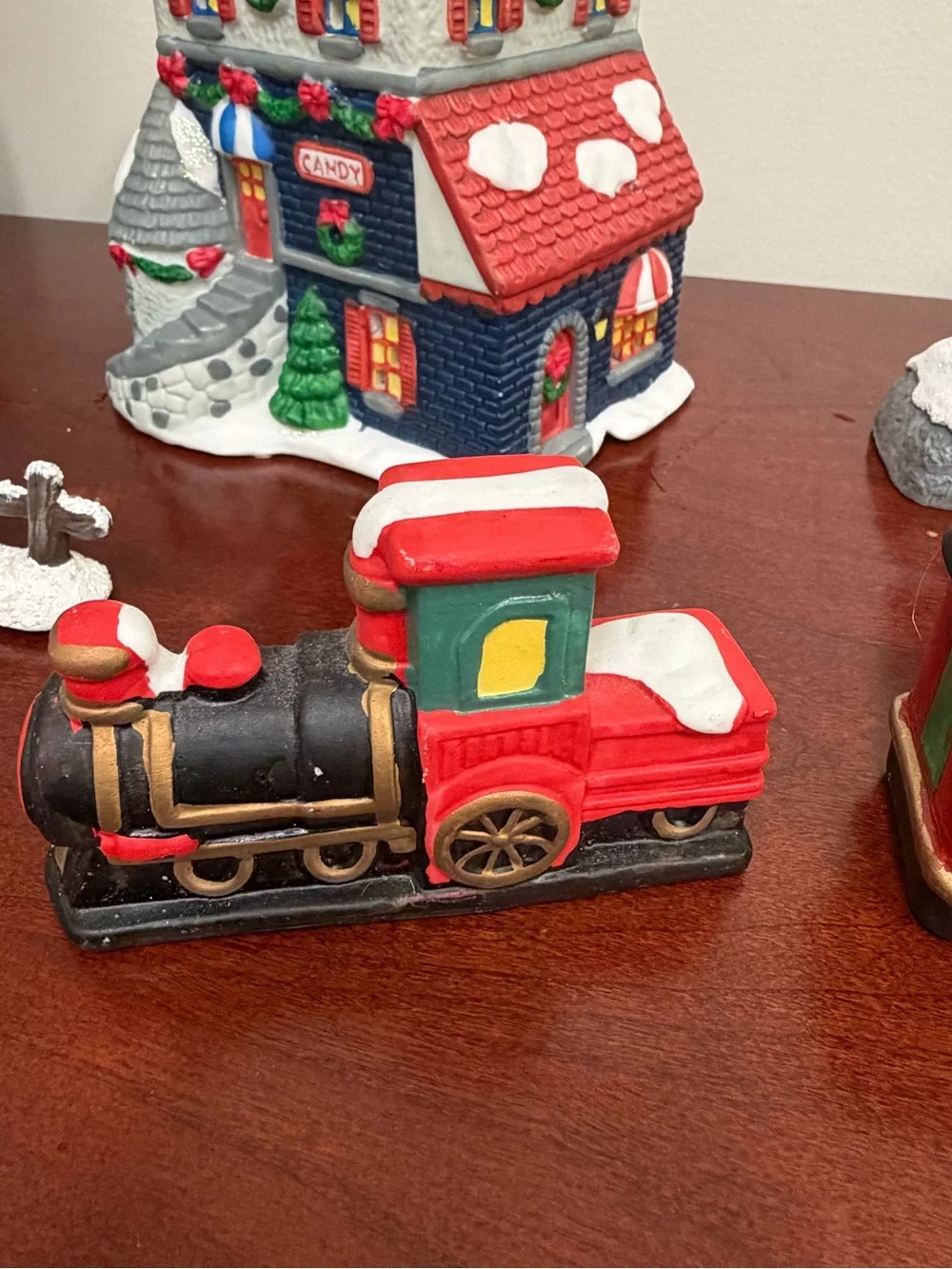 Holiday Village Train and Decorative Houses - Red, Green, Blue